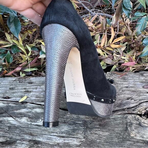 Gianni Marra Platform Black Leather Suade Studded Bow Italy Heels Size 36.5 / 6 - Picture 11 of 14